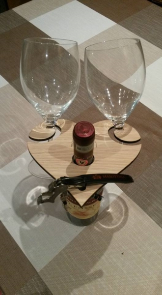 Cuore Porta Bicchieri Porta Calici 2 posti + Tirabusci Davanti Legno e Plexiglass